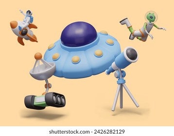 3D flying saucer, green alien in spacesuit, rover, telescope, astronaut flying on rocket