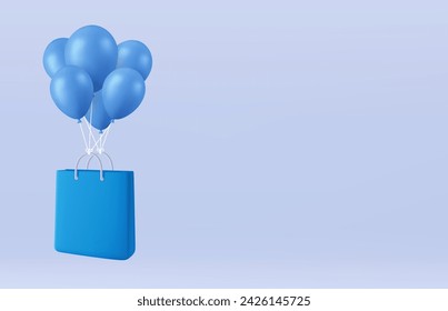 3D Fliegende Einkaufstasche auf Ballons isoliert auf Hintergrund. Bannervorlage mit leerem Kopierbereich. Online-Einkaufskonzept. 3D-Rendering Vektorgrafik