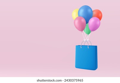 Bolso de compras volador 3D en globos aislados en el fondo. Plantilla de banner con espacio de copia vacío. Concepto de compras en línea. renderizado 3d. Ilustración de vector