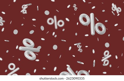 3d flying silver percent signs with coins and confetti on vinous isolated background. Stock vector illustration.