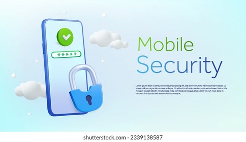 3d flying smartphone with green checkmark, password, blud security lock in the sky, white clouds, isolated background. Banner template for cloud data safety, anti maleware, personal data illustration.