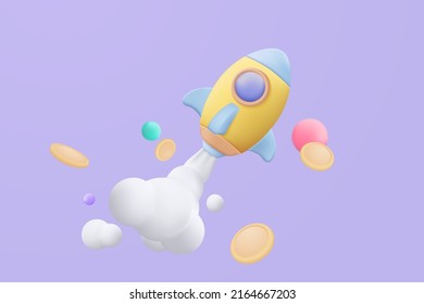 3d flying space rocket with money coin. Spaceship launch on purple background. space for business startup concept. Realistic creative cartoon minimal style. 3d rocket icon vector illustration