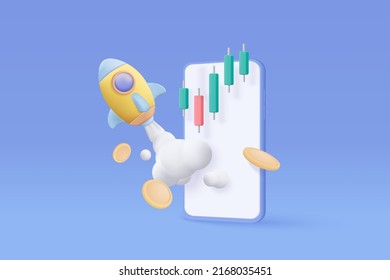 3d flying space rocket with money coin on mobile phone. Spaceship launch on blue background. space for business startup and growth statistics trading concept. 3d rocket icon vector illustration 