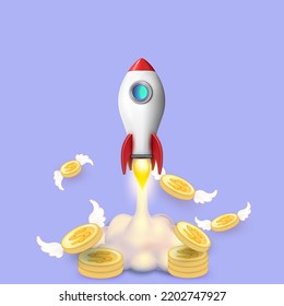 3d flying space rocket with money coin. Realistic creative minimal style. Spaceship launch on blue background. 3d space for startup concept. 3d money coin and 3d rocket icon vector illustration