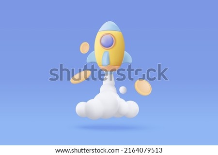 3d flying space rocket with money coin. Spaceship launch on blue background. 3d space for startup concept. Realistic creative cartoon minimal style. 3d money coin and rocket icon vector illustration