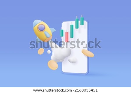 3d flying space rocket with money coin on mobile phone. Spaceship launch on blue background. space for business startup and growth statistics trading concept. 3d rocket icon vector illustration 