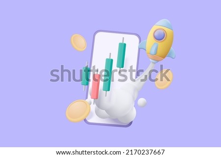3d flying space rocket with money coin on mobile phone. Spaceship launch on background. 3d rocket space for business startup and growth statistics trading. 3d rocket trade icon vector illustration 
