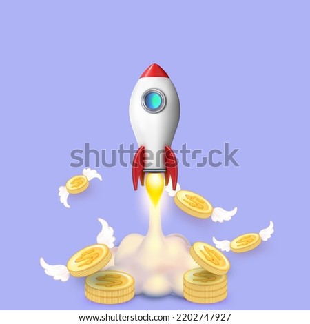 3d flying space rocket with money coin. Realistic creative minimal style. Spaceship launch on blue background. 3d space for startup concept. 3d money coin and 3d rocket icon vector illustration