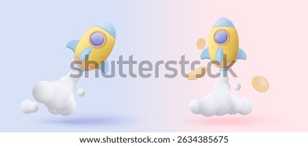 3d flying space rocket with money coin. Spaceship launch on blue background. space for business startup concept. Realistic creative cartoon minimal style. 3d rocket icon vector illustration