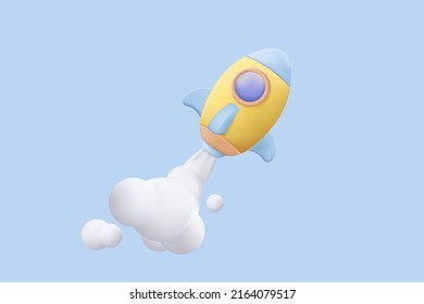 3d Flying Space Rocket With Spewing Smoke. Spaceship Launch On Blue Background. Space For Business Startup Concept. Realistic Creative Cartoon 3d Minimal Style. 3d Rocket Icon Vector Illustration