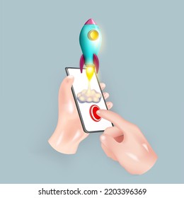 3d flying space rocket startup on mobile. Realistic creative minimal style. Spaceship launch on gray background. 3d space for startup concept. 3d money coin and 3d rocket icon vector illustration
