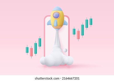 3d flying space rocket with trading graph on mobile phone. Spaceship launch on blue background. space for business startup and growth statistics trading concept. 3d rocket icon vector illustration