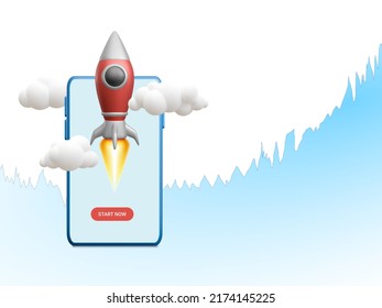 3D flying space rocket with trading graph on mobile phone. Space for business startup and growth statistics trading concept. Vector illustration