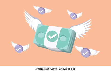 3D Flying stack of money.money spending, cashless society concept.3d goal for business, bank, finance, investment, money illustrations.