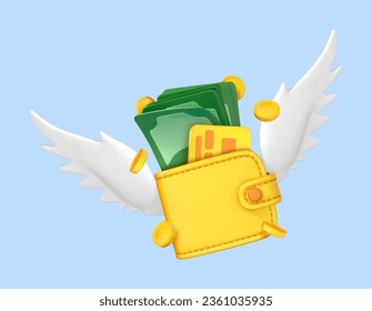 3D flying wallet with dollar banknotes and coins. Cash in purse with white wings. Money saving concept. Business financial investment. Online payment and cashback. Vector 3d illustration