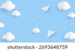 3D flying white paper airplanes and fluffy clouds on a school notebook background. Cute cartoon style education concept illustration.
