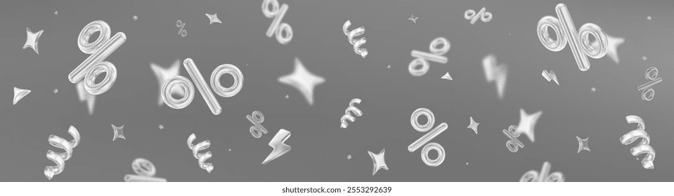 3d flying white percent signs with stars on gray isolated background. Horizontal banner. Stock vector illustration.	