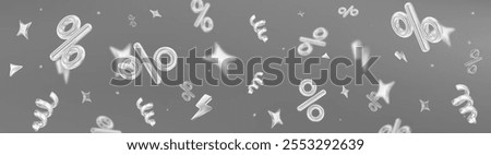 3d flying white percent signs with stars on gray isolated background. Horizontal banner. Stock vector illustration.	