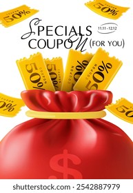 3d flying yellow coupons from a red money bag, isolated on white background. Unlimited gift vouchers with coupon code giveaway banner template.