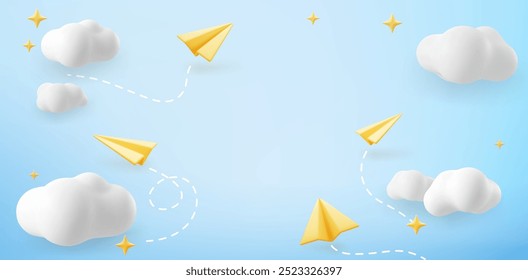 Aviões de papel amarelo voador 3d no céu nublado fundo. Aviões de desenho animado 3d Vetor no ar