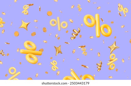 3d volando signos de porcentaje amarillo con monedas de oro y confeti sobre fondo aislado lila. Ilustración vectorial de stock.	