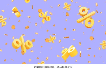 3d flying yellow percent signs with gold coins and confetti on lilac isolated background. Stock vector illustration.	