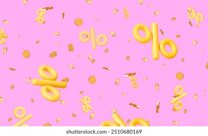 3d flying yellow percent signs with gold coins and confetti on pink isolated background. Stock vector illustration.	