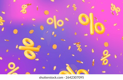 3d flying yellow percent signs with gold coins and confetti on neon isolated background. Stock vector illustration.	