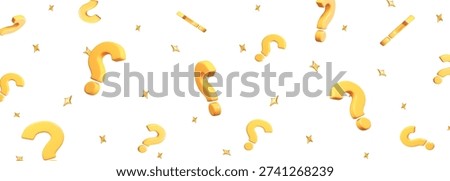 3d flying yellow question mark with golden stars. Faq problem solution symbol. Vector illustration on isolated background.	