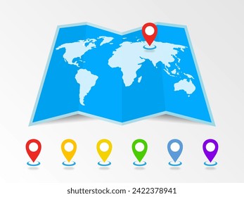 3D Folded map of the world with a red location pin mark. Vector of  fold paper world map with GPS Navigation Globe Map 3D positioning, cartography, navigation. Vector.