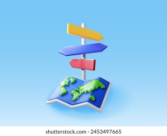 3D folded world map and signpost with directions isolated. Render world map, signboard or guidepost. Cartography and geography. Holiday and travel, GPS location navigation service. Vector Illustration