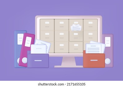 3d folder, archive document. Information electronic storage. Center for data storage, box or safe with paper reports on the monitor screen. Registration of old documents, save. Vector illustration