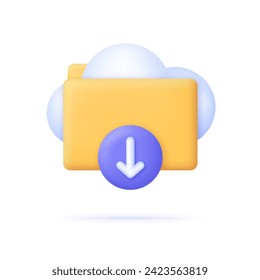 3D Folder with cloud and download icon. Download multimedia file. Folder with documents. Trendy and modern vector in 3d style