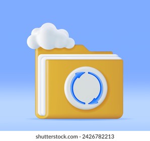 Carpeta 3D en las nubes con el icono de sincronización de archivos aislado. Procesar carpeta de archivos de equipo con la nube de sincronización. Centro de datos, concepto de almacenamiento en la nube. Backup en línea. Archivo de Internet. Ilustración vectorial