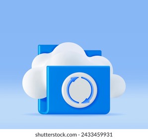 Carpeta 3D en las nubes con el icono de sincronización de archivos aislado. Procesar carpeta de archivos de equipo con la nube de sincronización. Centro de datos, concepto de almacenamiento en la nube. Backup en línea. Archivo de Internet. Ilustración vectorial