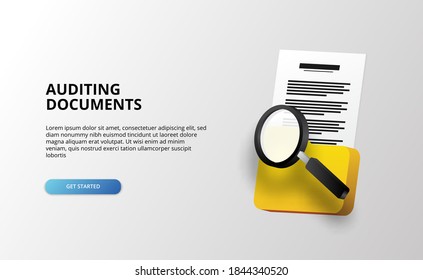 3d folder file document with magnifying glass for auditing and analysis investigating and business