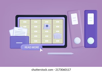 3d folder, information electronic storage, archive document.  Center for data storage, box or safe with paper reports on the monitor screen. Registration of old documents, save. Vector illustration.