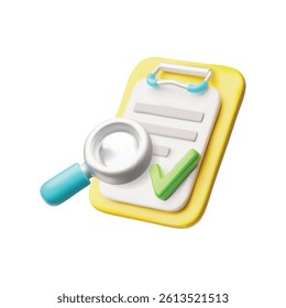 3D folder with list, green tick and magnifying glass. Search and analyze report page, documents and data for project management. Cartoon style. Isolated background. Vector illustration