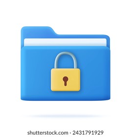 3D Folder with Lock. Personal data security concept. Protected information. File management. Database archive. 3d rendering. Vector illustration