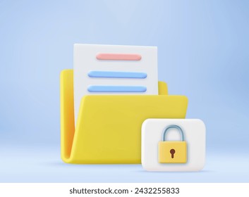 3D Folder with Lock. Personal data security concept. Protected information. File management. Database archive. 3d rendering. Vector illustration