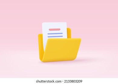 3d folder and paper for management file, document efficient work on project plan concept. 3d document cartoon style minimal folder with files icon. 3d file in folder vector render on pink background
