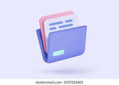 3d folder paper and management file for accounting, document efficient work on project plan concept. Document minimal folder with parchment. 3d paperwork icon signs vector render illustration