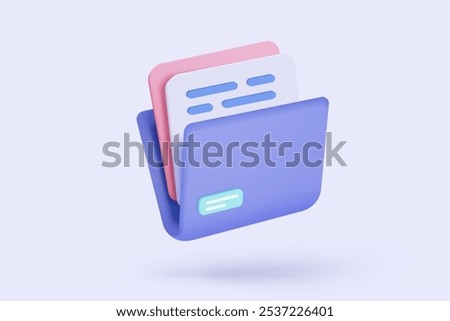 3d folder paper and management file for accounting, document efficient work on project plan concept. Document minimal folder with parchment. 3d paperwork icon signs vector render illustration