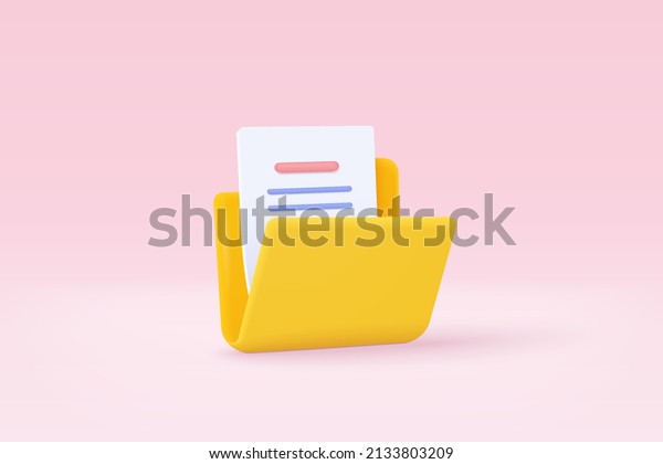 3d folder and paper for management file,\
document efficient work on project plan concept. 3d document\
cartoon style minimal folder with files icon. 3d file in folder\
vector render on pink\
background