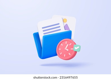 3d folder and paper for management multimedia file, document on project plan. Image and video document folder on time alert notification 3d icon. 3d clock  icon vector picture render illustration svg