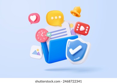 3d folder and paper for management multimedia file, document efficient work on project plan concept. Image and video document minimal folder icon. 3d vector picture render on isolated blue background