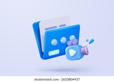 3d folder and paper for management multimedia movie file, paperwork multiple signs on database. Image and video document minimal folder icon. 3d cinema icon vector render illustration