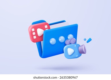 3d folder and paper for management multimedia movie file, paperwork multiple signs on database. Image and video document minimal folder icon. 3d cinema icon vector render illustration