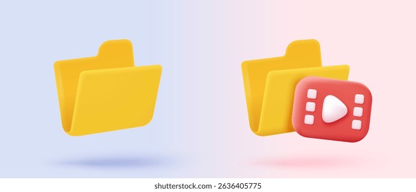 3d folder and paper for management multimedia movie file, paperwork multiple signs on database. Image and video document minimal folder icon. 3d cinema icon vector render illustration