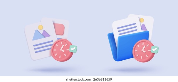 3d folder and paper for management multimedia file, document on project plan. Image and video document folder on time alert notification icon. 3d clock reminder icon vector picture render illustration